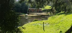 a pond in a field with a house in the background at Raithby Lakehouse in Raithby +15 photos