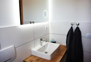 ein Badezimmer mit Waschbecken und Spiegel in der Unterkunft Bauernhof Höper-Rauert - Reihenhaus 4 in Neujellingsdorf + 12 Fotos
