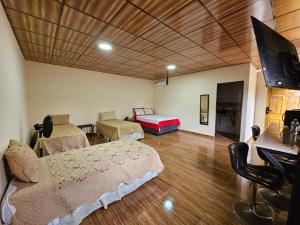 AserríoPleasant Hostal Panama的一间带两张床和电视的客厅