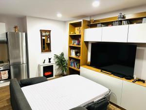 a living room with a flat screen tv and a kitchen at ROSALES Apartamento y jardín in Oviedo