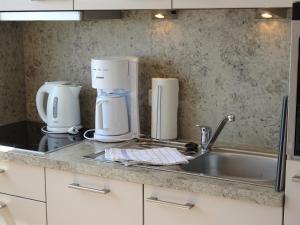 a kitchen counter with a sink and two appliances at Haus Wildfang FeWo 2 in Dahme