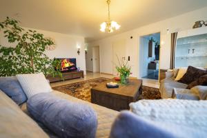 sala de estar con sofás azules y chimenea en Ferienwohnung Engelsblick, en Kreuzau