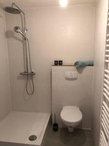 Un baño blanco con ducha y WC. en Apartment Tälerblick 2, neu modernisiert, en Böbrach