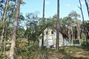 una pequeña casa blanca en medio de los árboles en Holiday Home in Lukecin near Sandy Beach, en Łukęcin