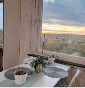 a room with a table with plants and a window at Cozy shared home for female in Stockholm in Stockholm