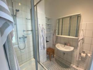 a bathroom with a shower and a sink at Haus AchternDiek Strandvogel in Dahme
