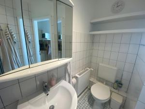 a bathroom with a sink and a toilet and a mirror at Haus AchternDiek Strandvogel in Dahme