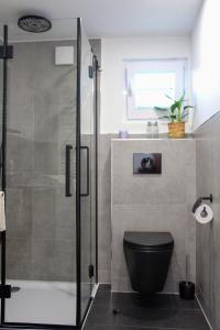 a bathroom with a black toilet and a shower at Hausboot Wangermeer Nordsonne11 in Wangerland +13 photos