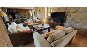 a living room with two couches and a television at Espectacular casa gallega con piscina in Valeije