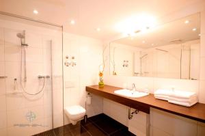 a bathroom with a sink and a shower and a toilet at Apartment 24, Pier 24, Blickrichtung offene SeeBinnenhafen Nord in Eckernförde