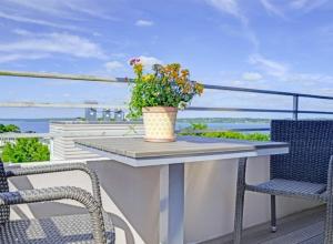 a table with a potted plant on a balcony at Apartment Sonnendeck in Ulstrupfeld