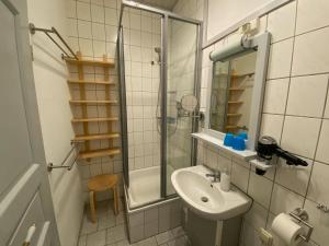 a small bathroom with a sink and a shower at Haus AchternDiek Strandhafer in Dahme