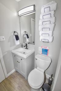 a bathroom with a toilet and a sink and a mirror at Super Cute Five Bedroom Home in Denver Perfect For Girls Trips in Denver +35 photos