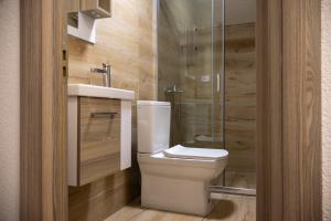 a bathroom with a toilet and a glass shower at D & O Apartments in Mavrovo +17 photos