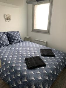ein Schlafzimmer mit einem Bett mit zwei Handtüchern darauf in der Unterkunft Petit cottage à 3 minutes à pied de la plage avec terrasse et Parking privée gratuit in Blonville-sur-Mer