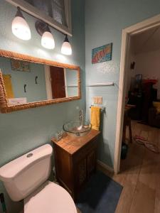 a bathroom with a toilet and a sink and a mirror at The Blue Bahia Resort In Sandy Bay in Coxen Hole +9 photos