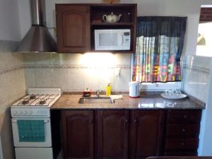a kitchen with a sink and a stove and a microwave at Cabaña Pope 2 in Federación +3 photos