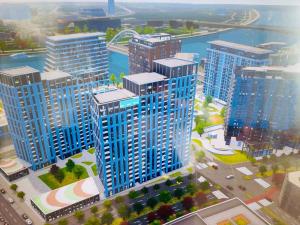 an overhead view of a city with tall buildings at Belgrade Waterfront Penthouse 17th last floor in Belgrade