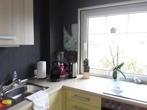 a kitchen counter with a sink and a window at Ferienwohnung Nordlicht in Nortorf