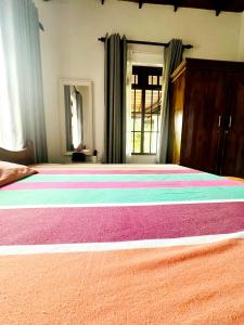 sypialnia z dużym łóżkiem i kolorowym kocem w obiekcie Two-room cottage kandy w mieście Kandy