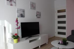 a living room with a flat screen tv on a white cabinet at Przy Mocaku in Krakow