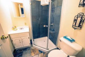 une salle de bains avec douche, toilettes et lavabo dans l'établissement Fawn Valley Inn- 105 condo, à Estes Park