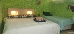 two beds in a bedroom with green walls at Casamar in Cobán