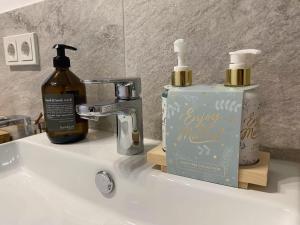 - un lavabo dans la salle de bains avec 2 bouteilles de savon et un distributeur de savon dans l'établissement FeWo Sonnenlay - Apartments an der Mosel, à Brauneberg 73 autres photos