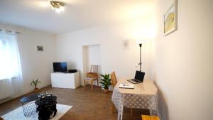 a living room with a table with a laptop on it at Appartement bien-être Issoire in Issoire