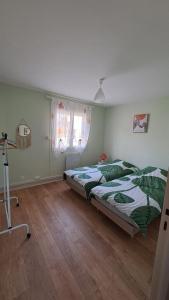 a bedroom with two beds and a camera in it at Chez Betty in Semur-en-Auxois