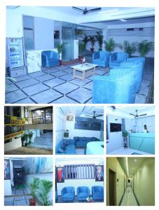 a collage of photos of a living room with blue furniture at Hotel Greenland in Khammam