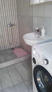 a washing machine in a bathroom with a sink at Bamboo garden in Nea Iraklia