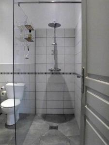 La salle de bains est pourvue de toilettes et d'une porte de douche en verre. dans l'établissement La Bergerie, à Pessac-sur-Dordogne