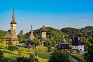 a group of buildings with towers on a green field at Gospodaria Klaus in Rozavlea