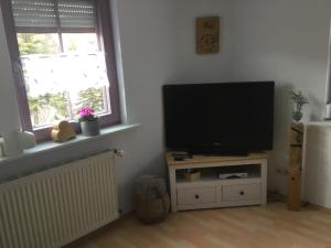 a living room with a flat screen tv on a stand at Im Salzgässle in Schonach