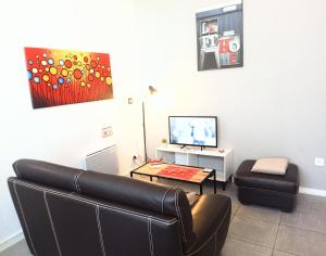 ein Wohnzimmer mit Sofa und Fernseher in der Unterkunft appartement T2 CHALOSSE in Bahus-Soubiran