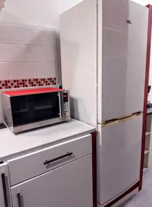 eine Küche mit einer Mikrowelle und einem Kühlschrank in der Unterkunft appartement T2 CHALOSSE in Bahus-Soubiran