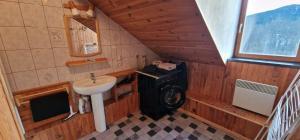 a small bathroom with a sink and a washing machine at Loft des Cimes - Evasion en montagne avec local vélo privé in Cornimont +33 photos