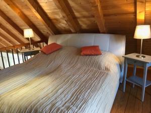 a bedroom with a bed with two red pillows on it at Waldoase 1 in Rheinsberg +2 photos