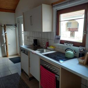 a kitchen with a sink and a stove top oven at Jägerlodge in Lócs