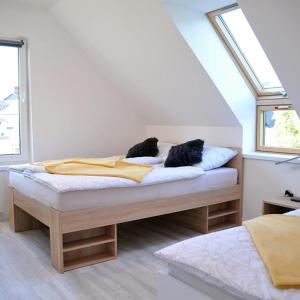 a bed with two black cats sitting on top of it at Dom Nad Potokiem Średnia Wieś in Hoczew