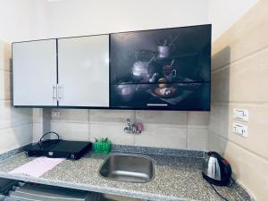 a kitchen counter with a sink and a tv on the wall at Cozy Apartment in Qadd el-Barûd