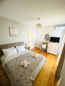 a bedroom with a large bed and a mirror at Emily's Apartment in Sparti