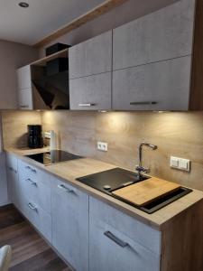 a kitchen with a sink and a counter top at Ferienhaus zum Holzmichel in Neinstedt