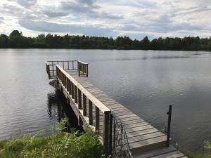 een houten steiger in het midden van een meer bij Sjötomt Borshult in Diö +32 foto's
