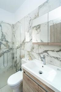 a bathroom with a sink and a toilet and a shower at Brand New House Sitia in Sitia