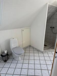 a bathroom with a toilet and a shower at Meget central, fri parkering, 4-7 personers overnatningssted in Herning