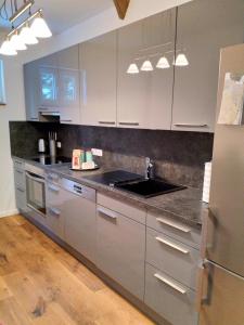 a kitchen with a sink and stainless steel appliances at Ferienwohnung im Mittelpunkt in Nortorf +9 photos