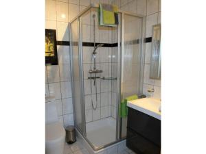 a bathroom with a shower and a sink at Wohnlust 3 in Malchow +4 photos