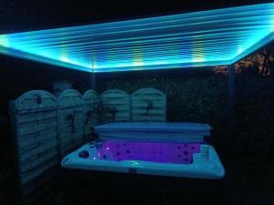 una vasca idromassaggio con luci blu in un cortile posteriore di La Remise de Guytou et Spa a Cheval-Blanc